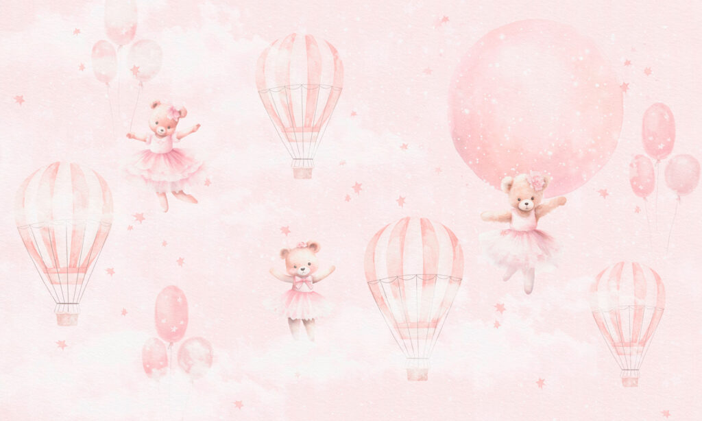Um fundo cor-de-rosa com ursos de peluche e balões de ar quente Um fundo cor-de-rosa com ursos de peluche e balões de ar quente