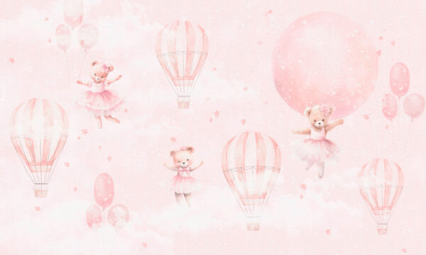 Um fundo cor-de-rosa com ursos de peluche e balões de ar quente Um fundo cor-de-rosa com ursos de peluche e balões de ar quente