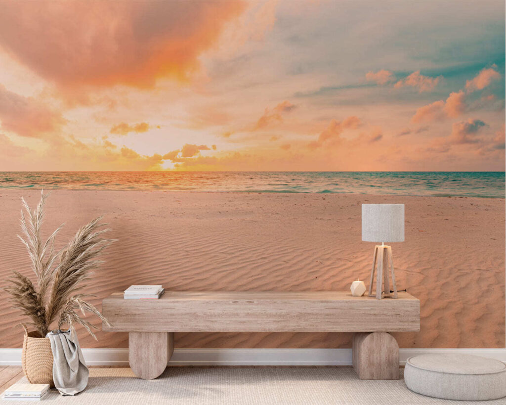 A sandy beach with waves and a sunset A sandy beach with waves and a sunset