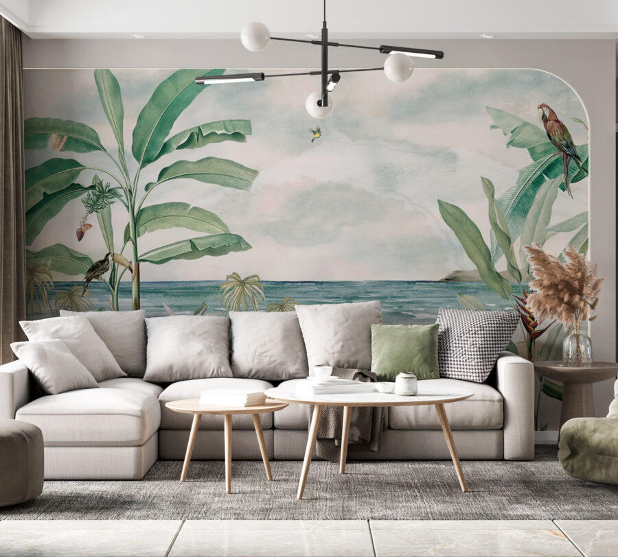 Uma pintura de uma praia com plantas e um pássaro a voar