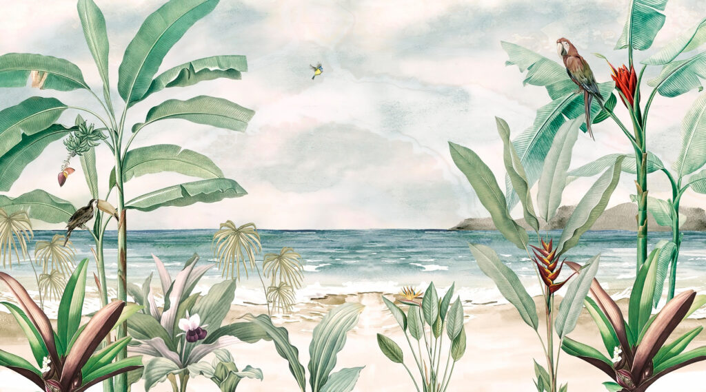 Uma pintura de uma praia com plantas e um pássaro a voar Uma pintura de uma praia com plantas e um pássaro a voar