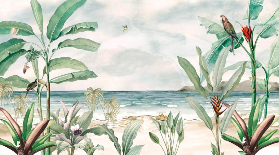 Uma pintura de uma praia com plantas e um pássaro a voar