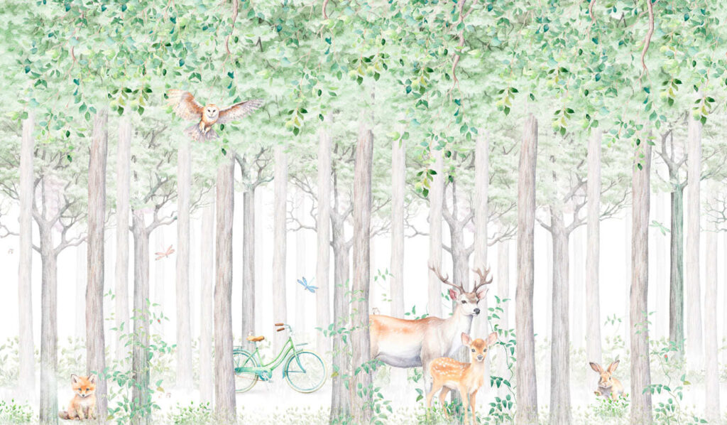 Uma pintura de animais numa floresta Uma pintura de animais numa floresta