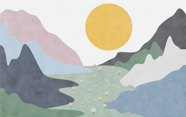 Uma paisagem com montanhas e flores Uma paisagem com montanhas e flores