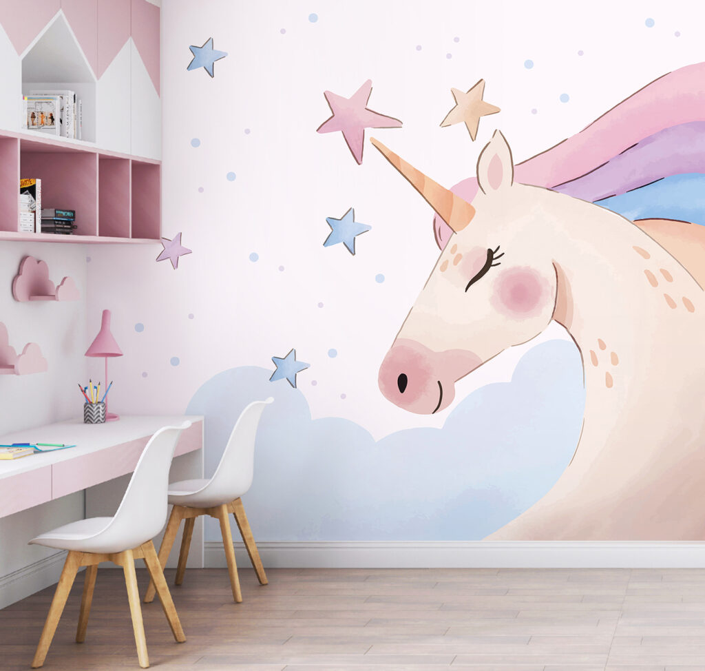 A unicorn with stars and clouds