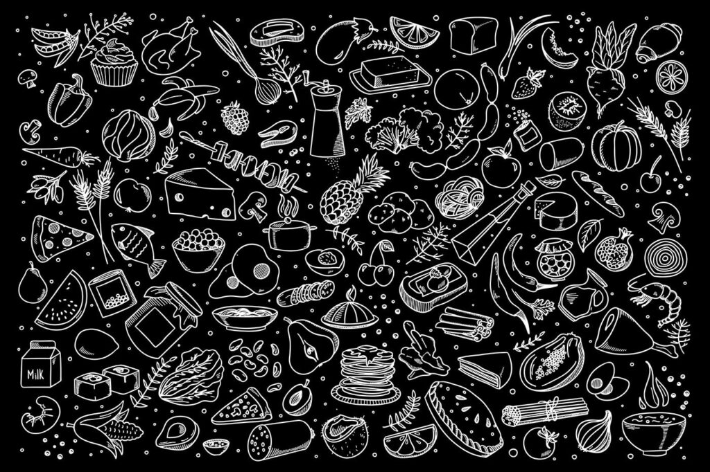 Um desenho a preto e branco de comida Um desenho a preto e branco de comida