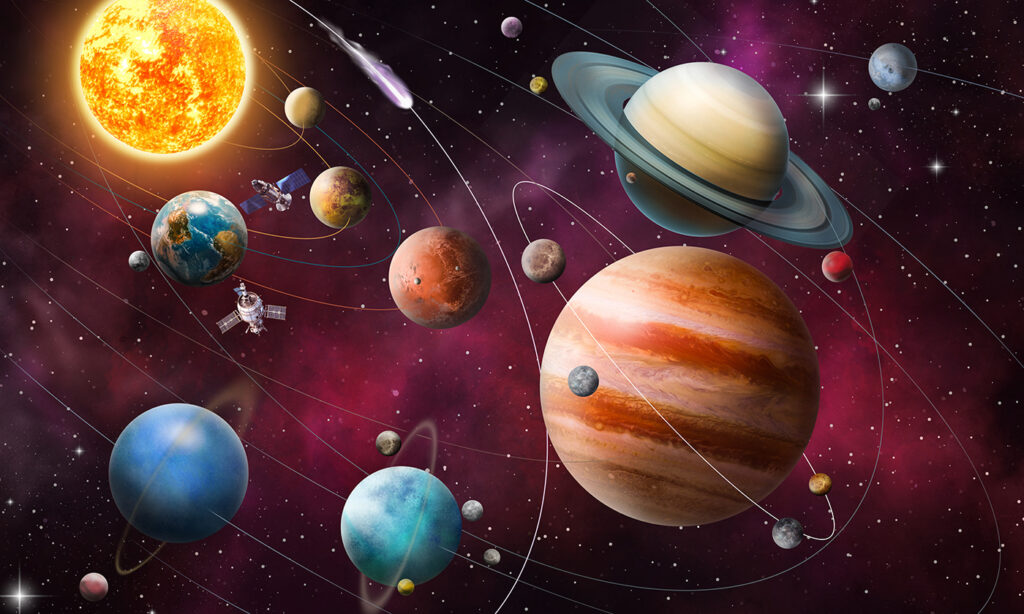 Planetas e estrelas no espaço Planetas e estrelas no espaço
