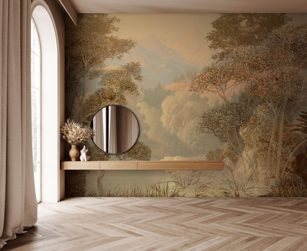 A painting of a river and trees A painting of a river and trees