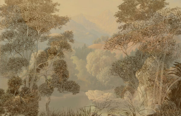 Uma pintura de um rio e de árvores Uma pintura de um rio e de árvores