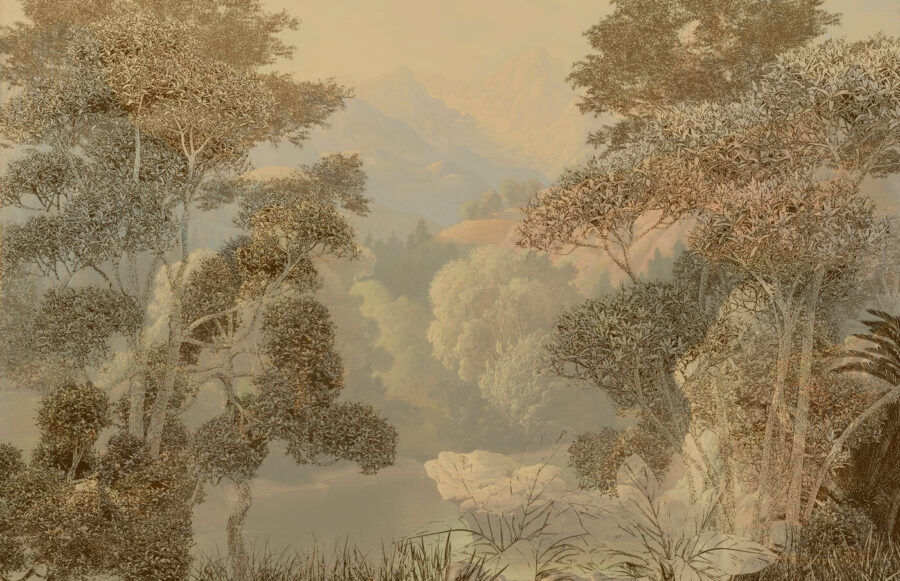 Uma pintura de um rio e de árvores