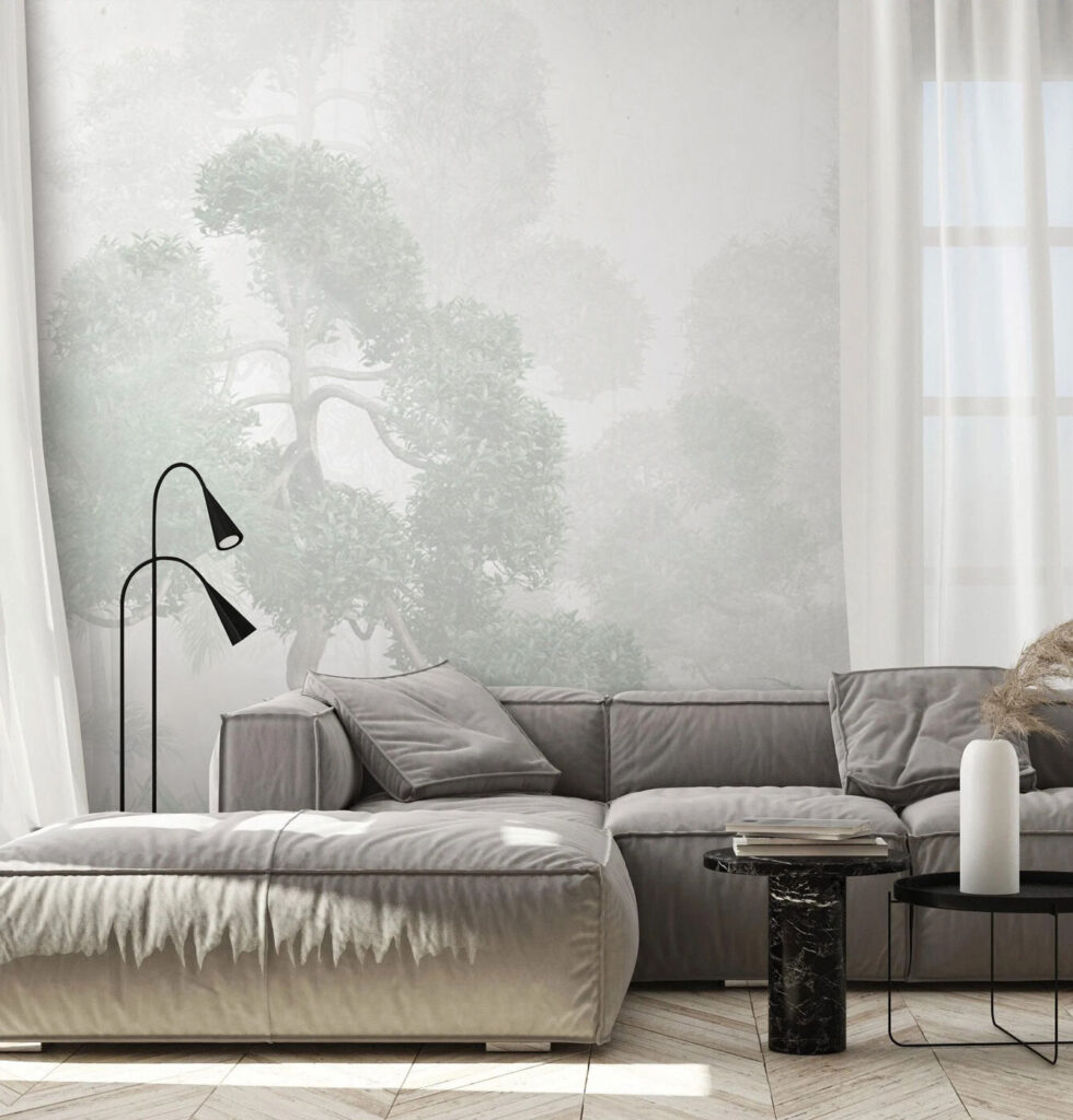 A foggy forest with trees and ferns