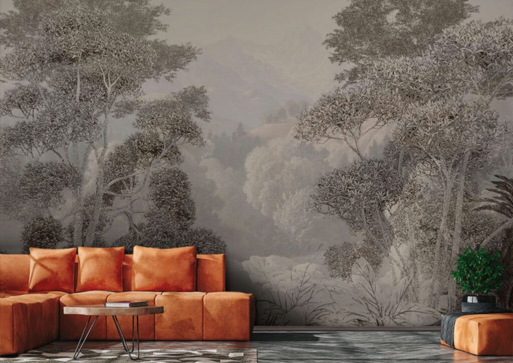 A landscape with trees and mountains