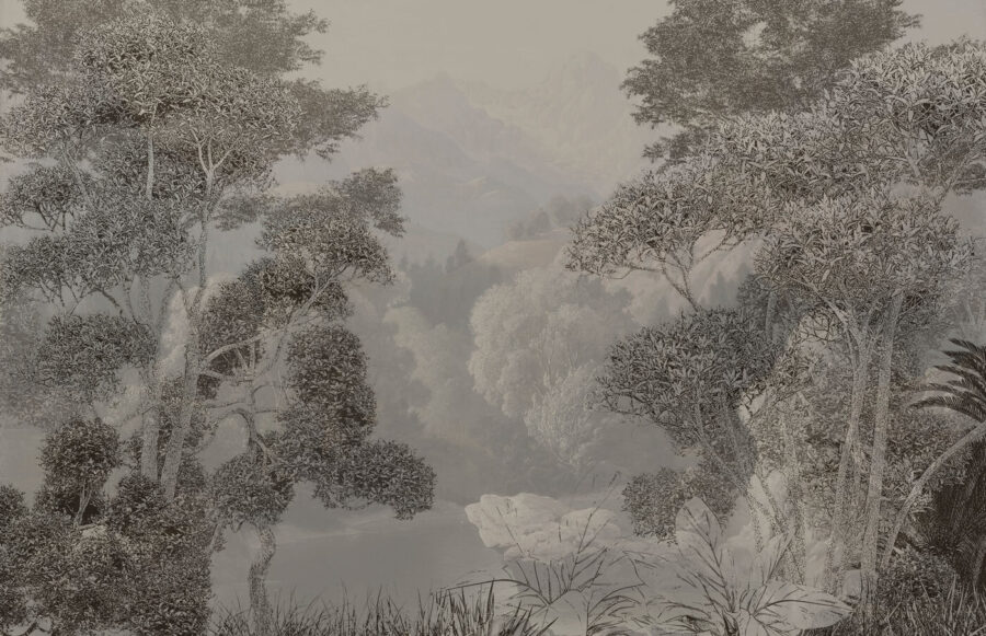 Uma paisagem com árvores e montanhas
