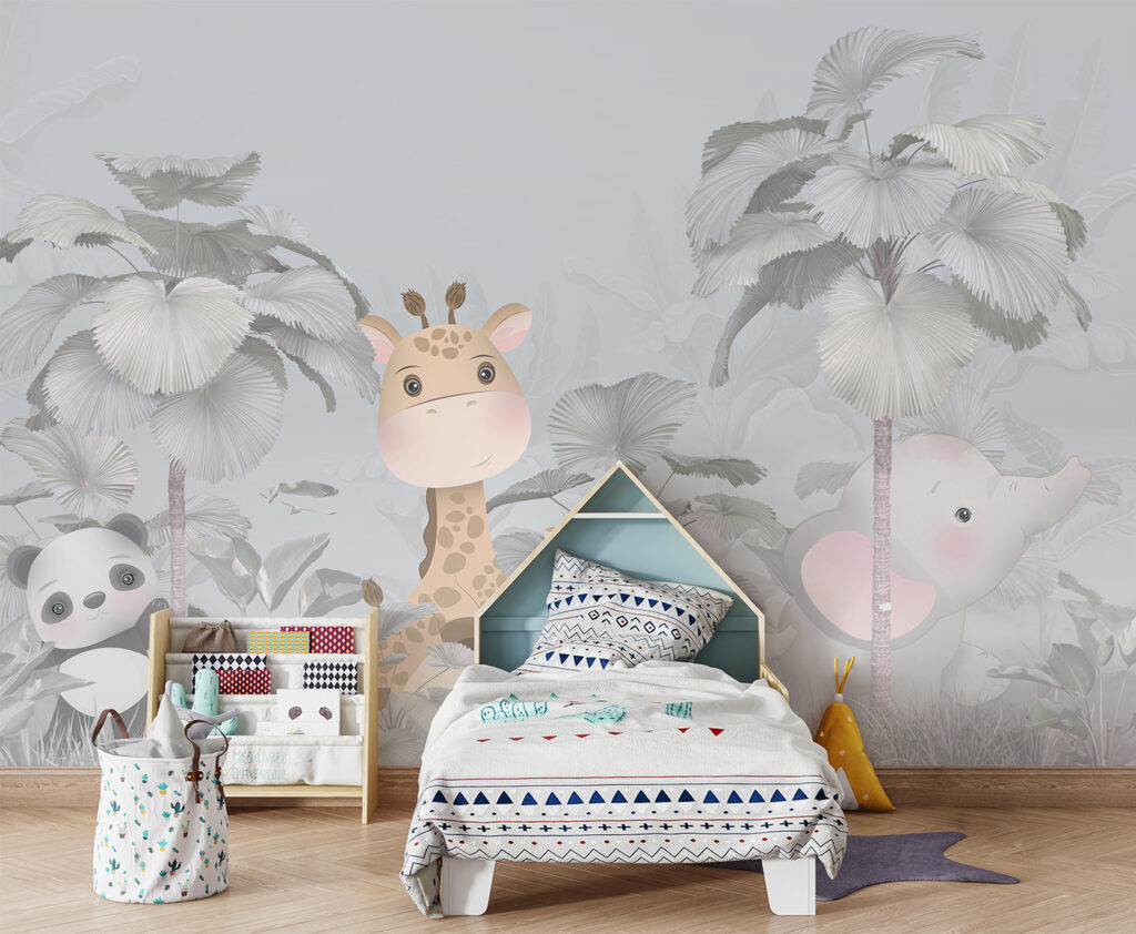 A giraffe and elephant in a forest