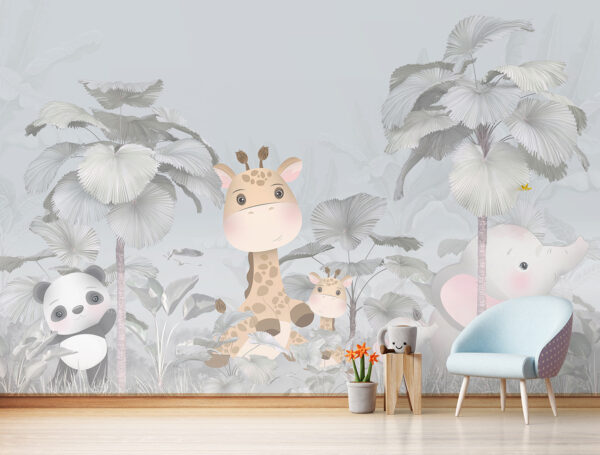 Uma girafa e um elefante numa floresta Uma girafa e um elefante numa floresta