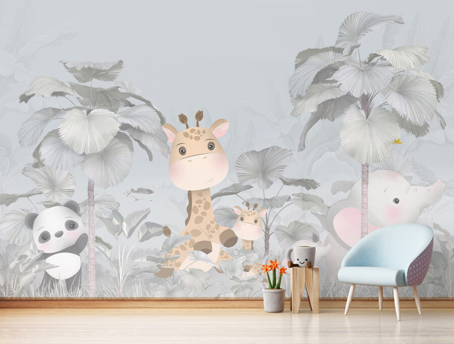 Uma girafa e um elefante numa floresta Uma girafa e um elefante numa floresta