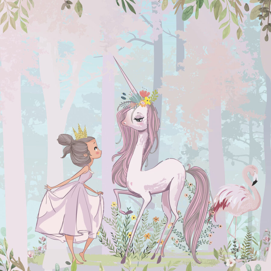 Um desenho animado de uma rapariga e um unicórnio numa floresta