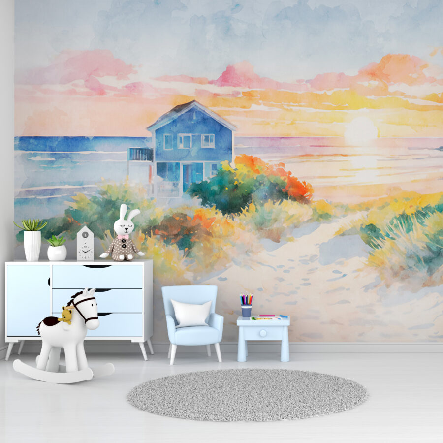 Pintura a aguarela de uma casa e de uma praia