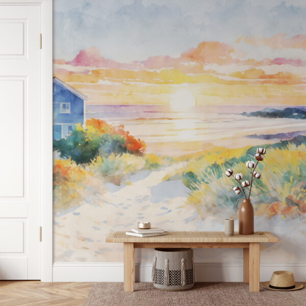 Pintura a aguarela de uma casa e de uma praia Pintura a aguarela de uma casa e de uma praia