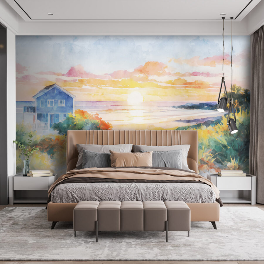 Pintura a aguarela de uma casa e de uma praia