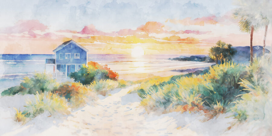 Pintura a aguarela de uma casa e de uma praia