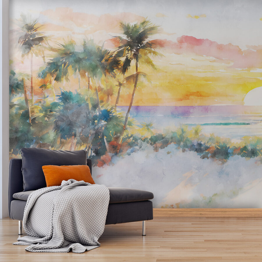 Pintura a aguarela de uma praia com palmeiras e um pôr do sol