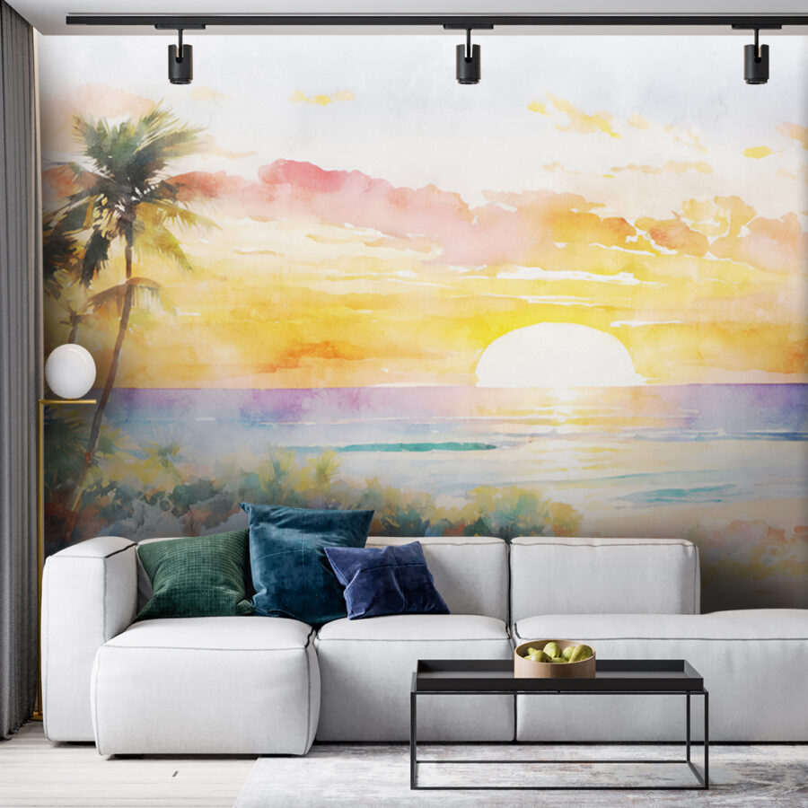 Pintura a aguarela de uma praia com palmeiras e um pôr do sol