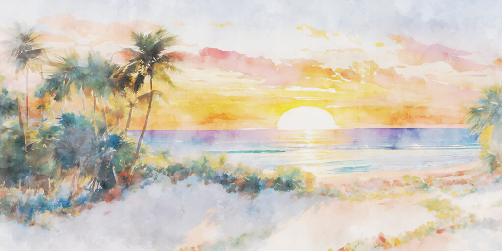 Pintura a aguarela de uma praia com palmeiras e um pôr do sol Pintura a aguarela de uma praia com palmeiras e um pôr do sol