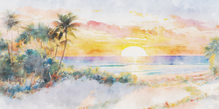 Pintura a aguarela de uma praia com palmeiras e um pôr do sol