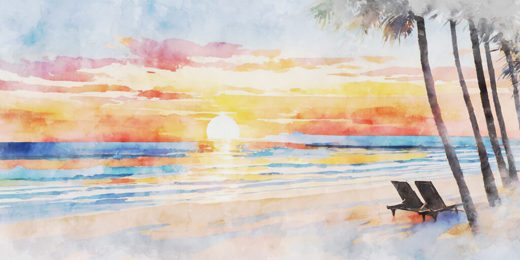 Aguarela de uma praia com um pôr do sol Aguarela de uma praia com um pôr do sol