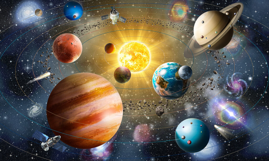 Planetas e estrelas no espaço Planetas e estrelas no espaço