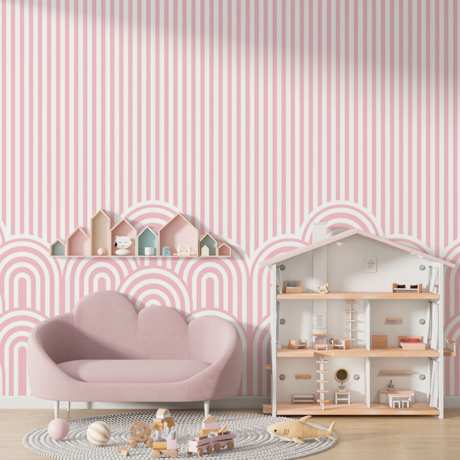 Papel de parede às riscas cor-de-rosa e brancas