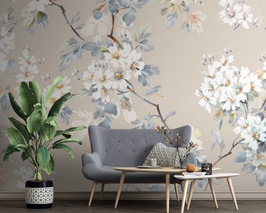 Padrão floral de flores brancas e folhas azuis