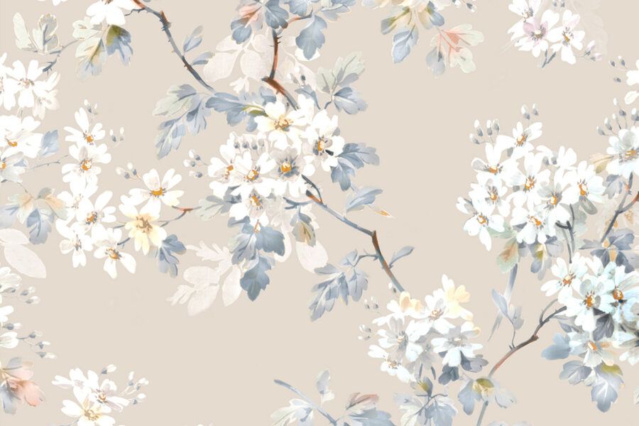 Padrão floral de flores brancas e folhas azuis