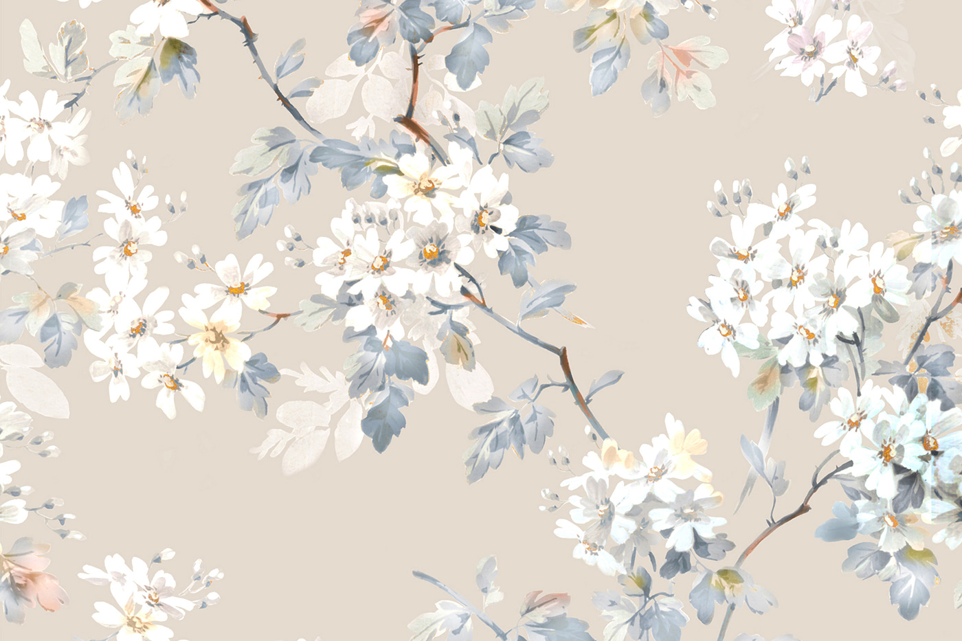 Floral pattern of white flowers and blue leaves