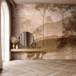 Papel de parede Paisagem de nevoeiro com árvores e colinas