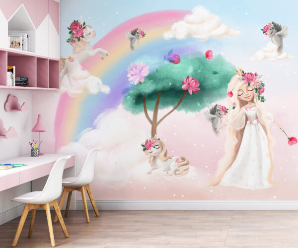 Desenho animado de uma rapariga com flores no cabelo e um arco-íris Desenho animado de uma rapariga com flores no cabelo e um arco-íris