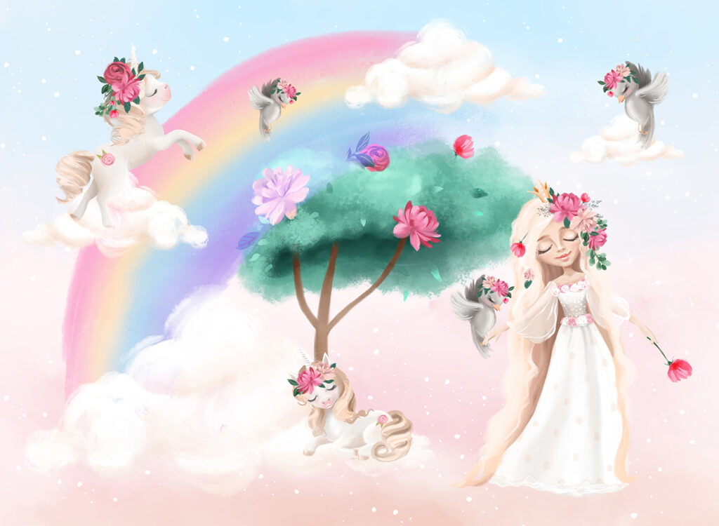 Desenho animado de uma rapariga com flores no cabelo e um arco-íris Desenho animado de uma rapariga com flores no cabelo e um arco-íris