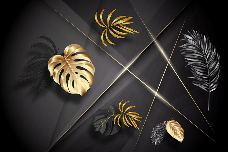 Elegantes folhas metálicas num fundo escuro.