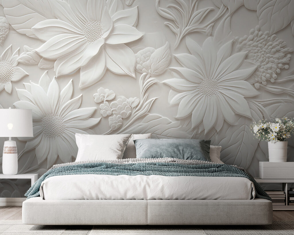 White wall with flowers and leaves White wall with flowers and leaves