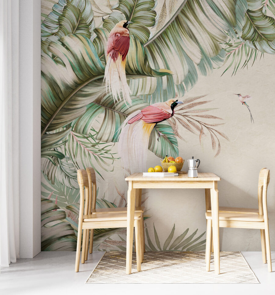 Cenário tropical com aves vibrantes.