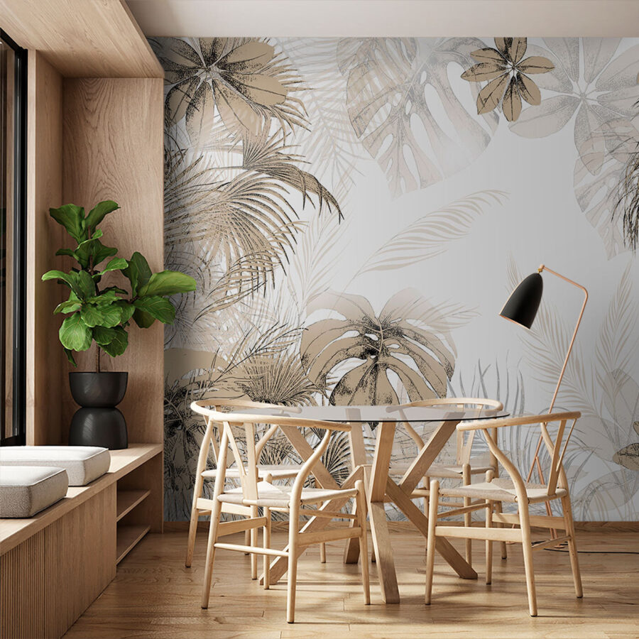 Folhas tropicais em tons neutros suaves.