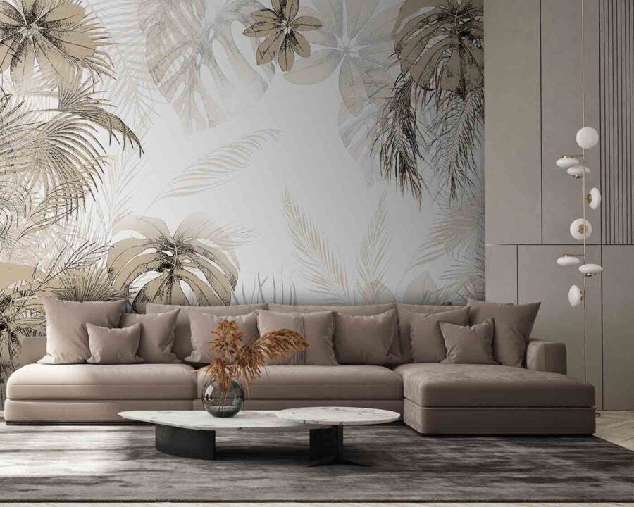 Folhas tropicais em tons neutros suaves.
