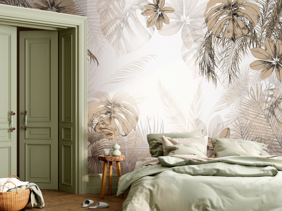 Folhas tropicais em tons neutros suaves.