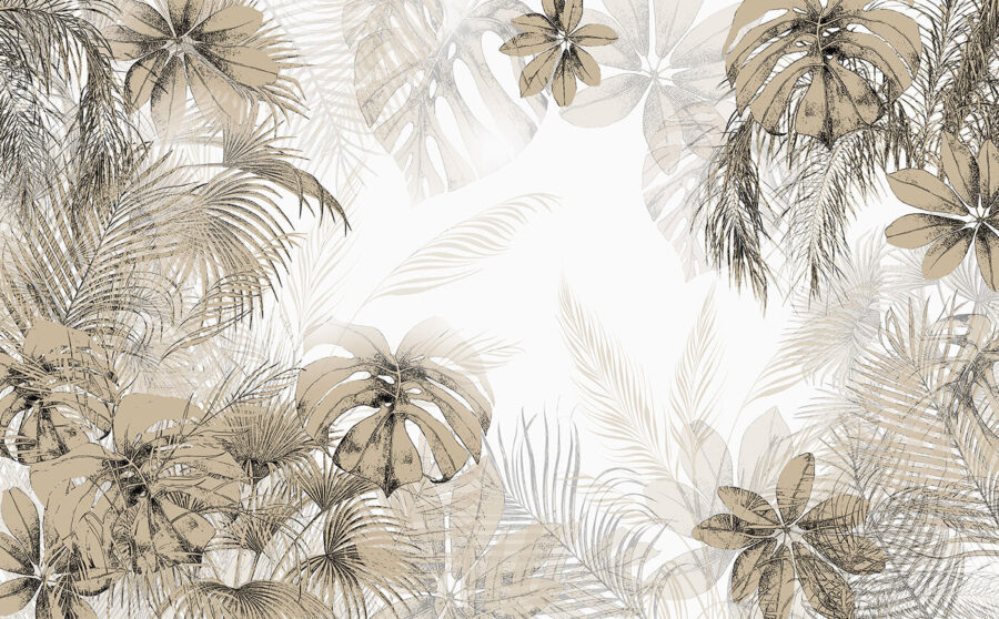 Folhas tropicais em tons neutros suaves.