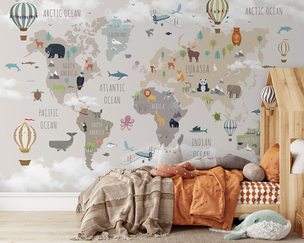 Map of the world with animals and birds