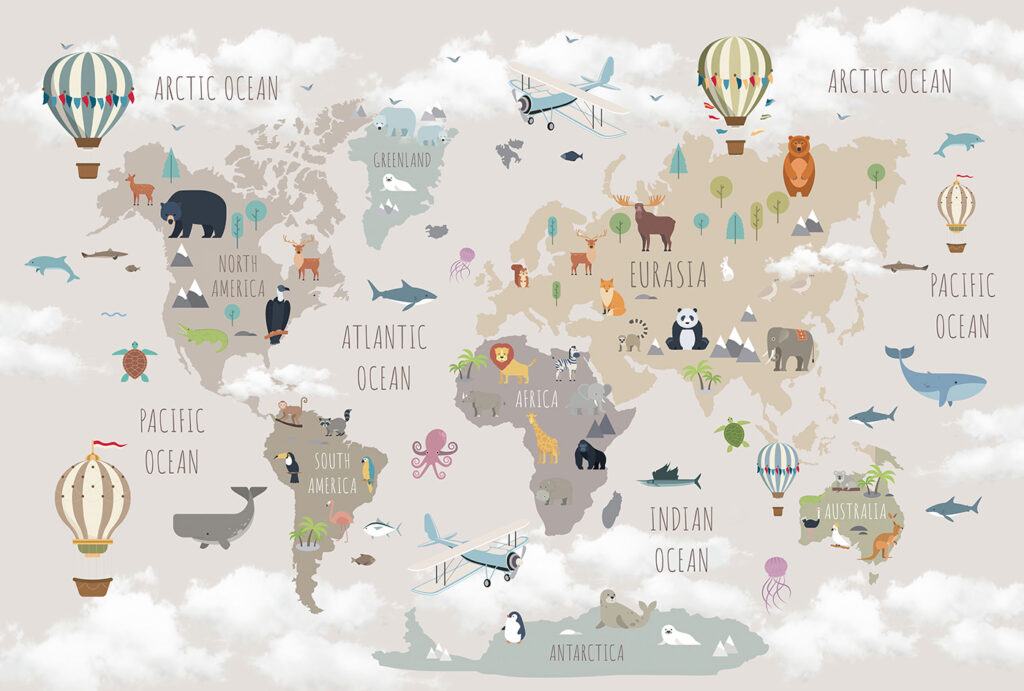 Mapa do mundo com animais e aves Mapa do mundo com animais e aves