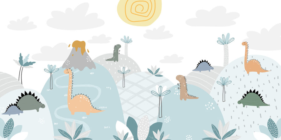 Desenho animado de dinossauros numa colina