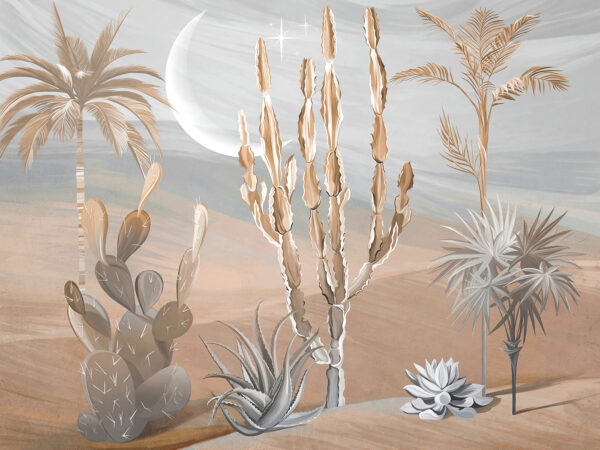 Paisagem desértica com cactos e palmeiras Paisagem desértica com cactos e palmeiras