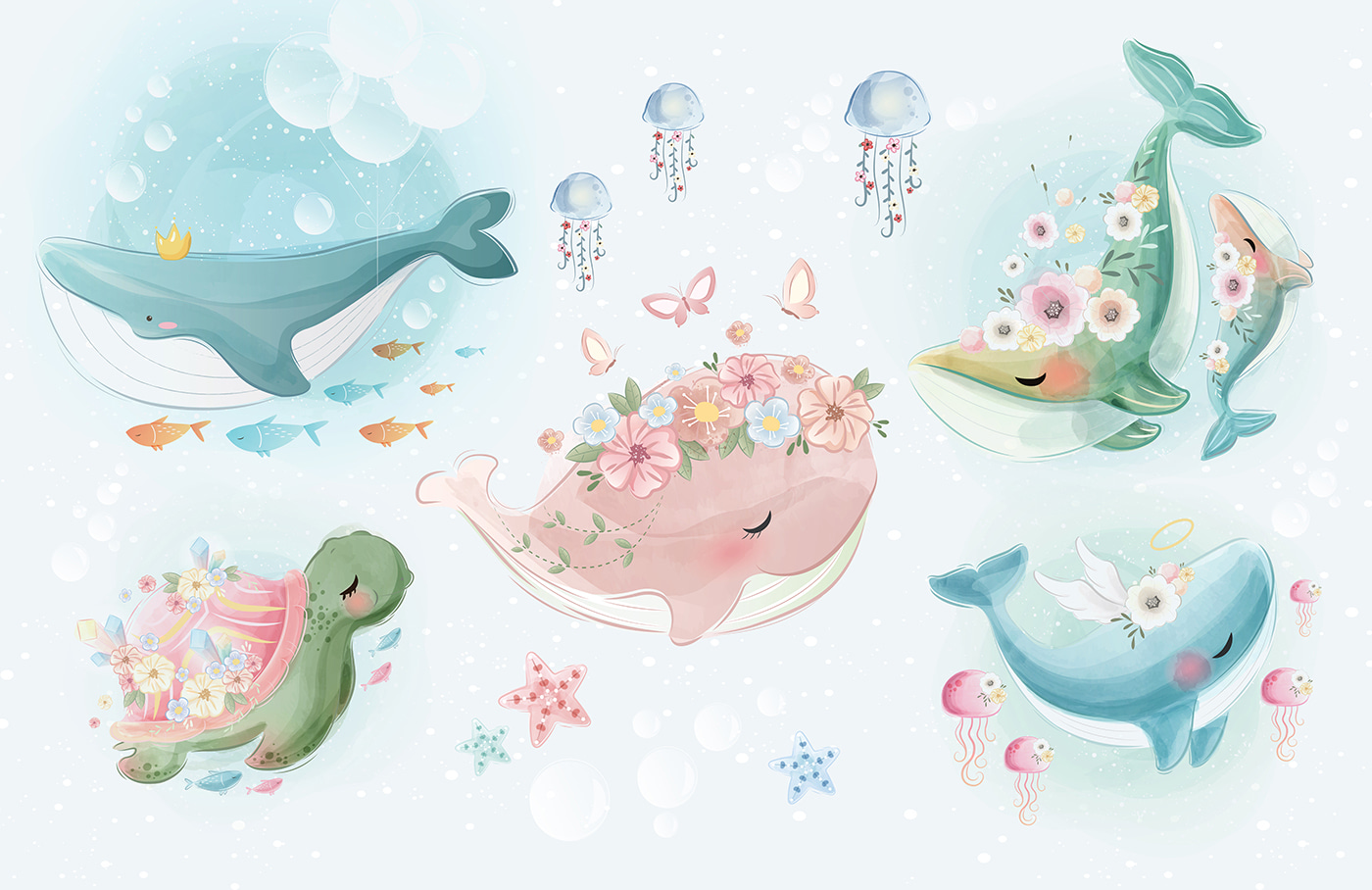 Group of cartoon whales Group of cartoon whales